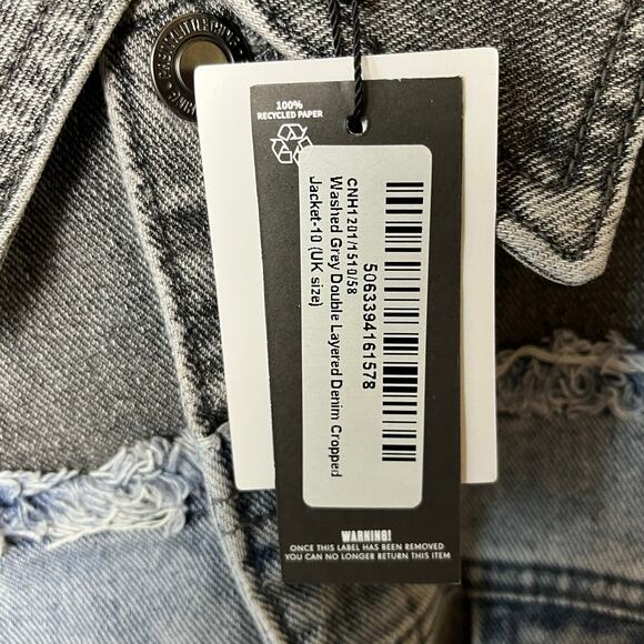 Pretty Little Thing Double Layered Denim Cropped Jacket Washed Grey Light Blue 6 - Picture 4 of 9